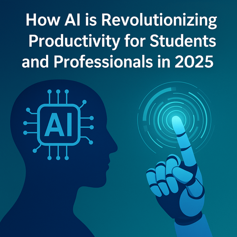 AI revolutionizing productivity in 2025 with human brain chip and robotic hand interface for students and professionals.