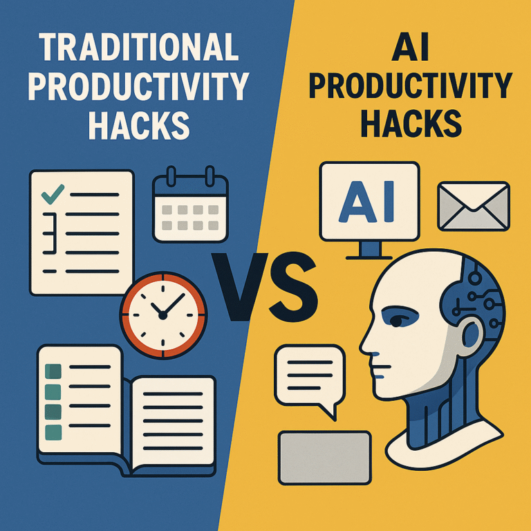 Comparison of traditional productivity hacks like to-do lists, timers, and calendars versus AI productivity tools with automation and smart assistants.