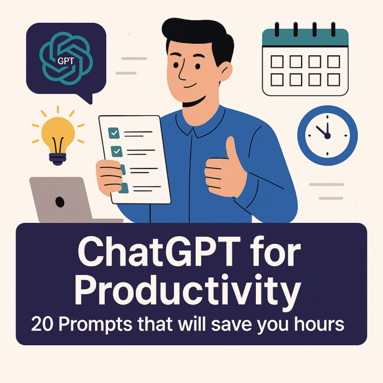 Illustration of a professional using ChatGPT for productivity with icons of checklist, calendar, clock, and lightbulb.