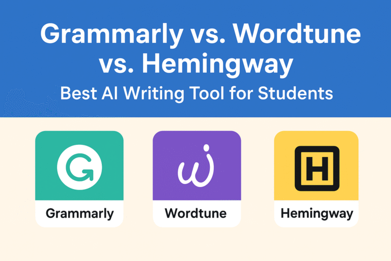 Comparison graphic of Grammarly, Wordtune, and Hemingway – best AI writing tools for students in 2025.