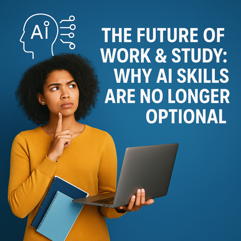 Young woman holding a laptop and notebook, thinking about the future of work and study with AI skills.