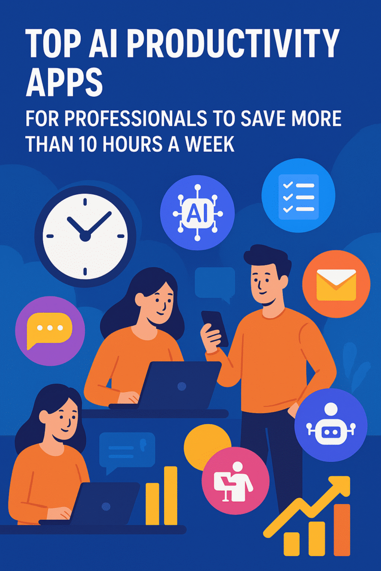 AI productivity apps with icons for tasks, automation, emails, and meetings, representing tools that save 10+ hours weekly