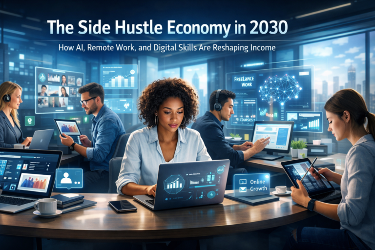 Futuristic illustration of professionals working on AI-powered side hustles in 2030 using laptops, tablets, and digital dashboards in a modern remote workspace