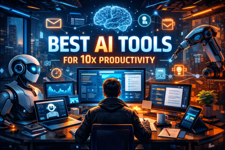 Futuristic workspace showing a professional using AI tools on multiple screens with intelligent assistants and automation dashboards to boost productivity.