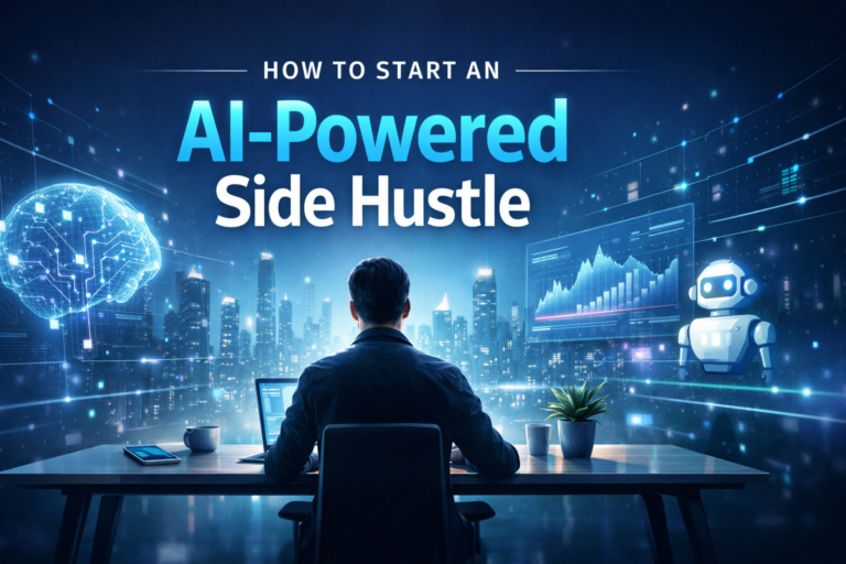 A modern professional working at a digital desk with AI visuals and data interfaces, representing how to start an AI-powered side hustle and the future of work.