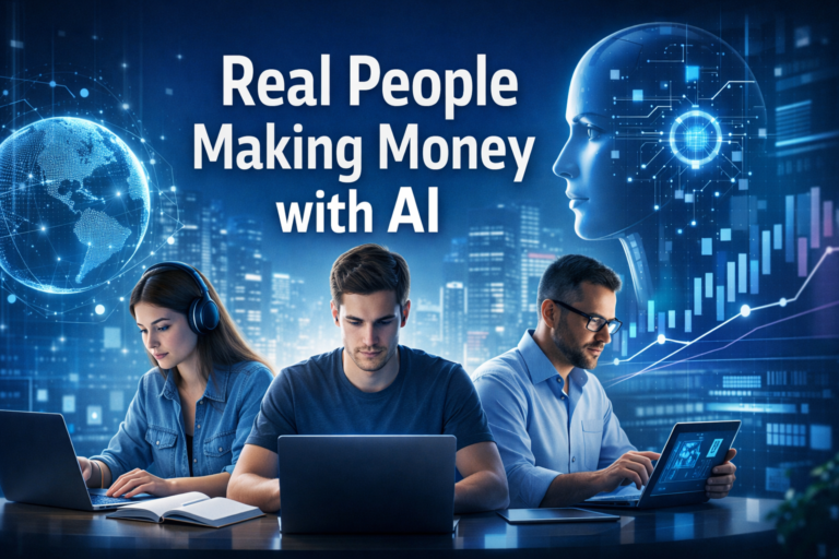 Professionals using AI tools on laptops and tablets, symbolizing real people earning income through artificial intelligence.