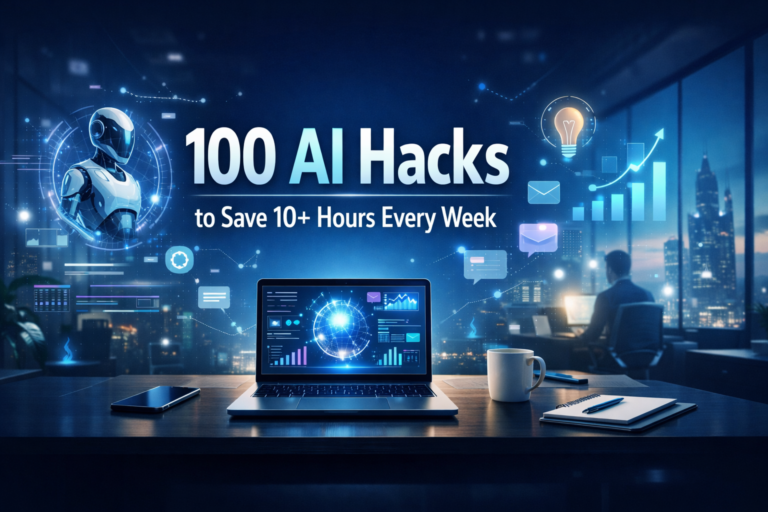 Featured image showing a futuristic digital workspace with AI-powered dashboards, a robot assistant, and productivity icons, representing how AI helps professionals save time and work smarter.