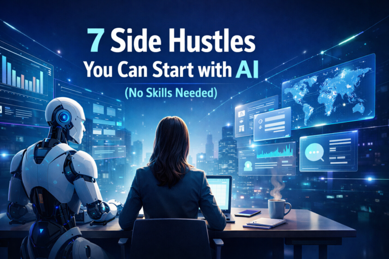 Futuristic workspace showing a professional collaborating with AI through digital dashboards, representing AI-powered side hustles, productivity, and the future of work.