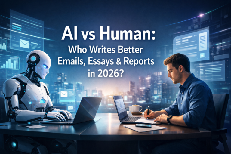 AI robot and human professional writing side by side on laptops, symbolizing AI vs human writing for emails, essays, and reports in 2026.