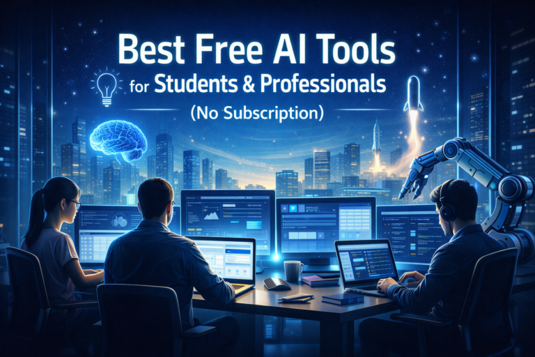 Futuristic workspace showing students and professionals using AI tools on multiple screens, representing free AI productivity tools for modern work and learning.