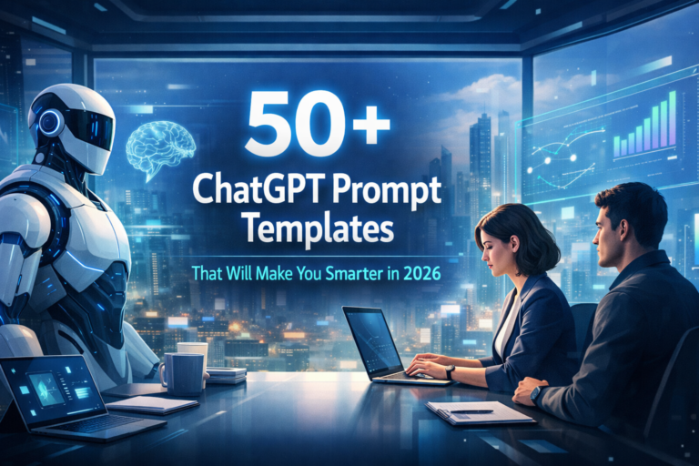 A futuristic workspace showing professionals collaborating with AI, digital dashboards, and holographic interfaces, representing ChatGPT prompt templates, productivity, and the future of work in 2026.