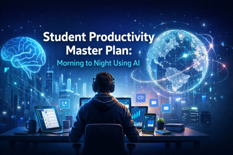 Futuristic student workspace with AI holograms, digital brain, global network sphere, and productivity dashboards representing AI-powered student productivity from morning to night.