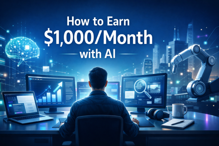 Professional working on multiple AI-powered screens in a futuristic workspace representing how to earn $1,000 per month with AI tools.