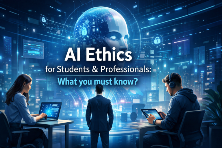 AI ethics concept showing students and professionals using digital technology with futuristic AI interface representing responsible AI and future of work.