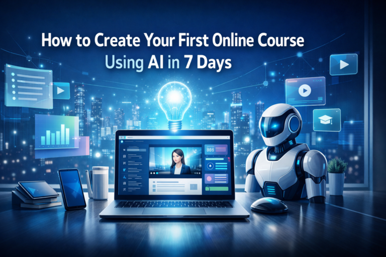 Futuristic AI-powered workspace with a laptop, robot assistant, and holographic course elements representing creating an online course using AI in 7 days.